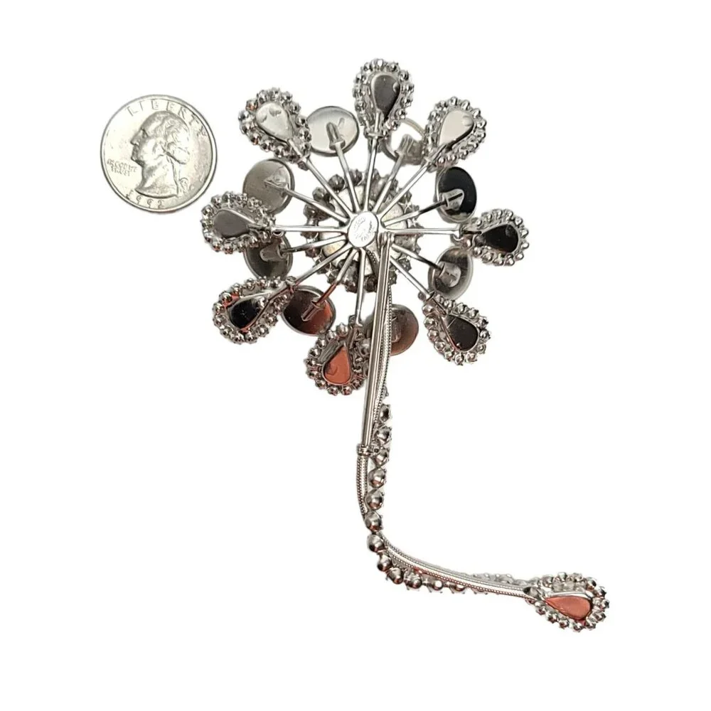 Hattie Carnegie Silvertone Statement Mother Of Pearl Clear Rhinestone Flower Pin